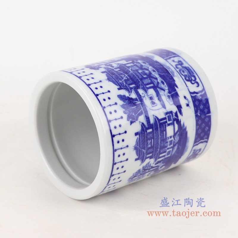 青花梧桐问笔筒;产品编号:RZRZ02-B 产品尺寸(单位cm): 高:12直径:10.2口径:10.2底径:9.8重量:0.5KG