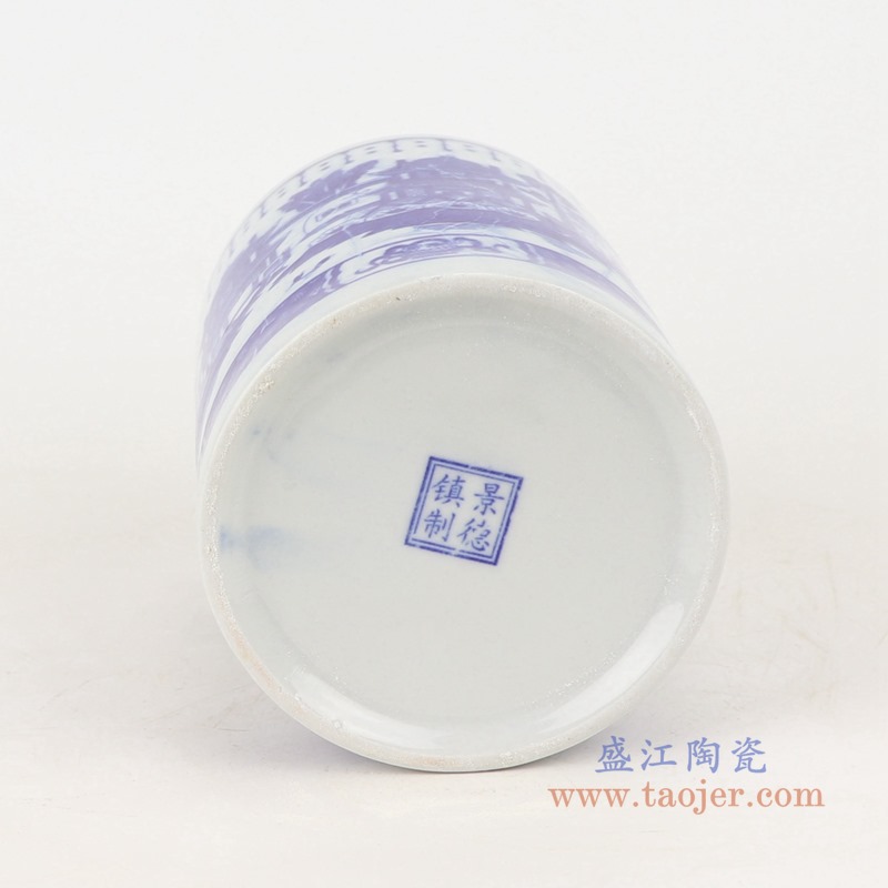青花梧桐问笔筒;产品编号:RZRZ02-B 产品尺寸(单位cm): 高:12直径:10.2口径:10.2底径:9.8重量:0.5KG