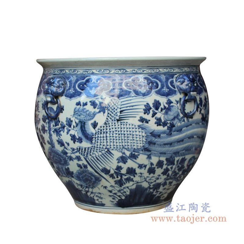 青花狮子头龙凤纹大缸;产品编号:RZSC13-C 产品尺寸(单位cm): 高:50直径:64口径:底径:重量:KG