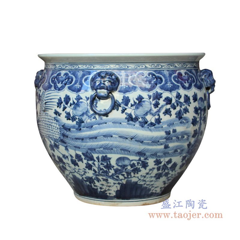 青花狮子头龙凤纹大缸;产品编号:RZSC13-C 产品尺寸(单位cm): 高:50直径:64口径:底径:重量:KG