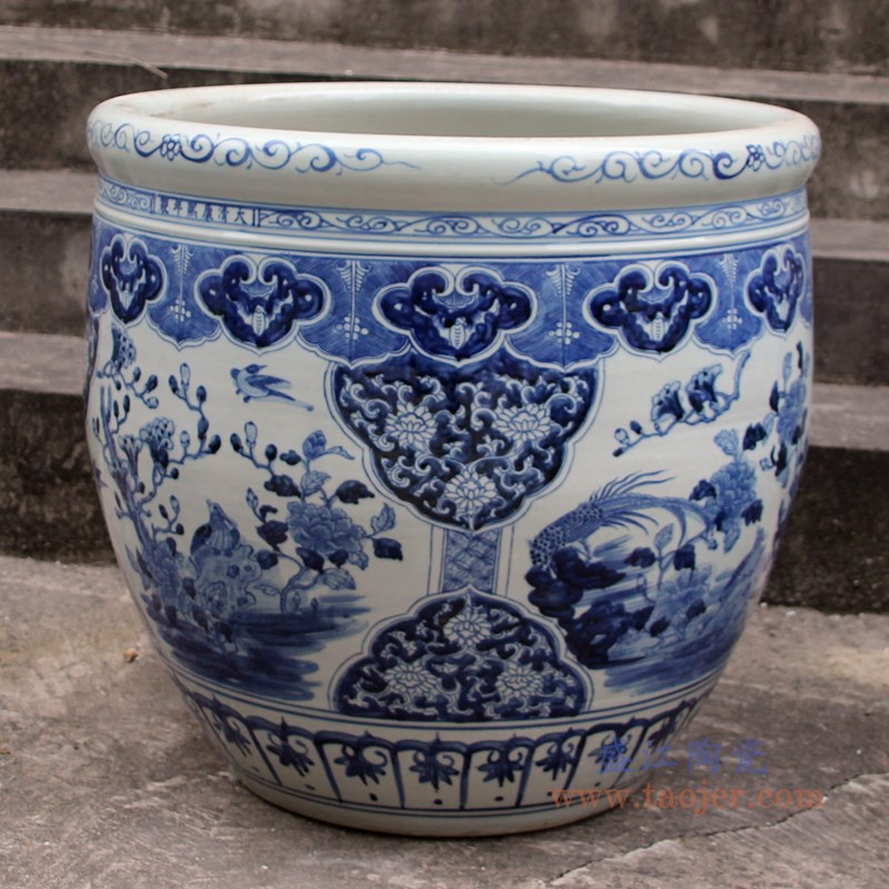大号青花花鸟大缸;产品编号:RZSC15-B 产品尺寸(单位cm): 高:53直径:60口径:57底径:重量:KG
