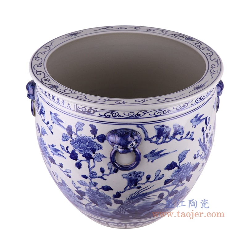 青花花鸟狮子头耳大缸,产品编号:RZSC50 产品尺寸(单位cm): 高40.1直径46口径底径25重量11.75KG