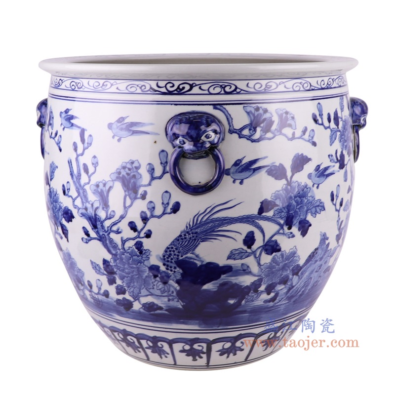 青花花鸟狮子头耳大缸,产品编号:RZSC50 产品尺寸(单位cm): 高40.1直径46口径底径25重量11.75KG