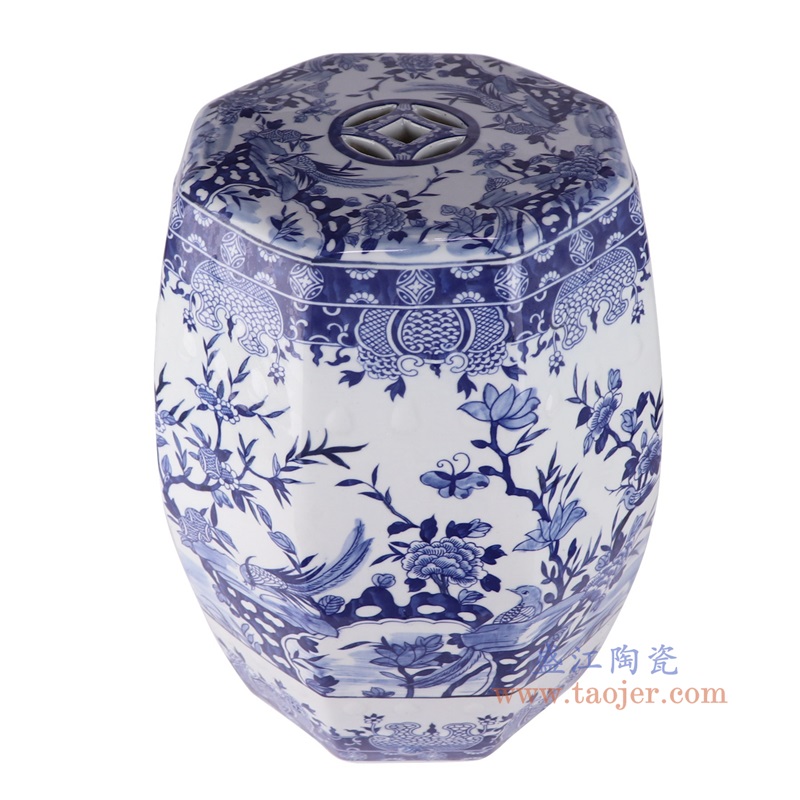 青花花鸟八边形凳子,产品编号:RZSI38-A-8S 产品尺寸(单位cm): 高44直径33.2口径底径27.5重量12KG
