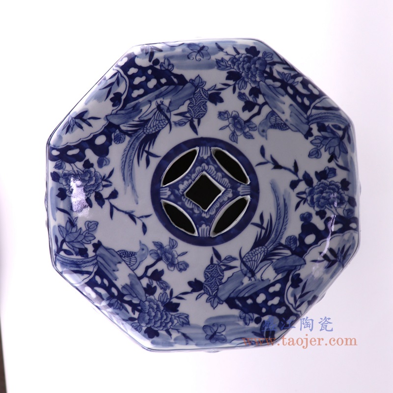 青花花鸟八边形凳子,产品编号:RZSI38-A-8S 产品尺寸(单位cm): 高44直径33.2口径底径27.5重量12KG