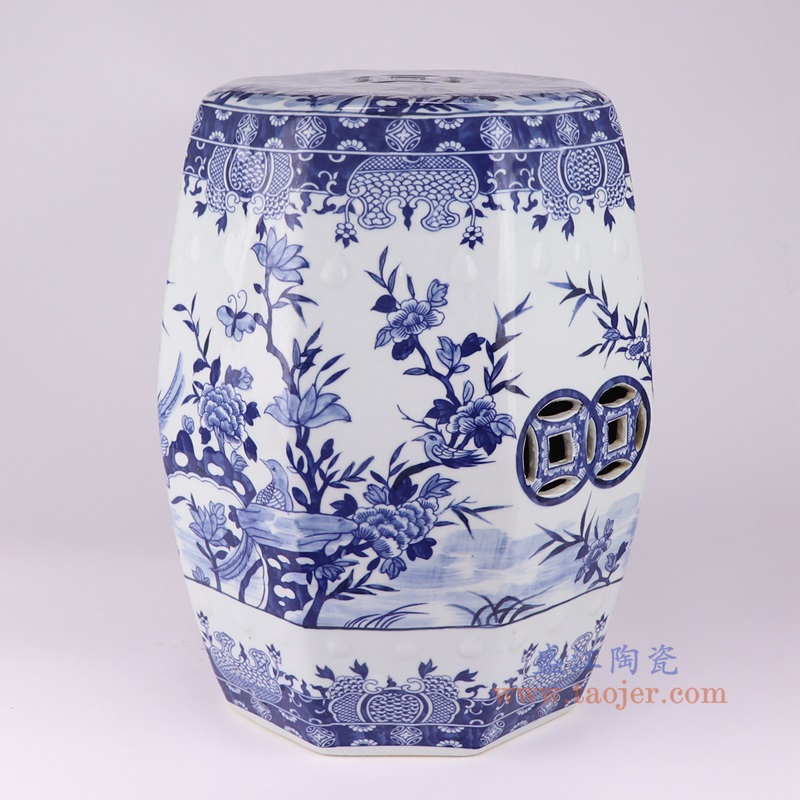 青花花鸟八边形凳子,产品编号:RZSI38-A-8S 产品尺寸(单位cm): 高44直径33.2口径底径27.5重量12KG