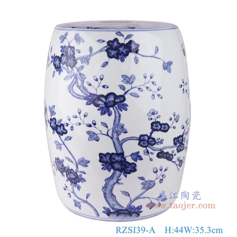 青花梅花纹铜钱孔鼓凳圆凳子,产品编号:RZSI39-A 产品尺寸(单位cm): 高44直径35.3口径底径28重量12KG