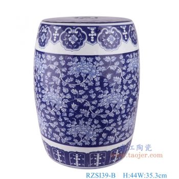 RZSI39-B    青花蓝底冰梅铜钱孔鼓凳圆凳子，     高44直径35.3口径底径28重量12KG