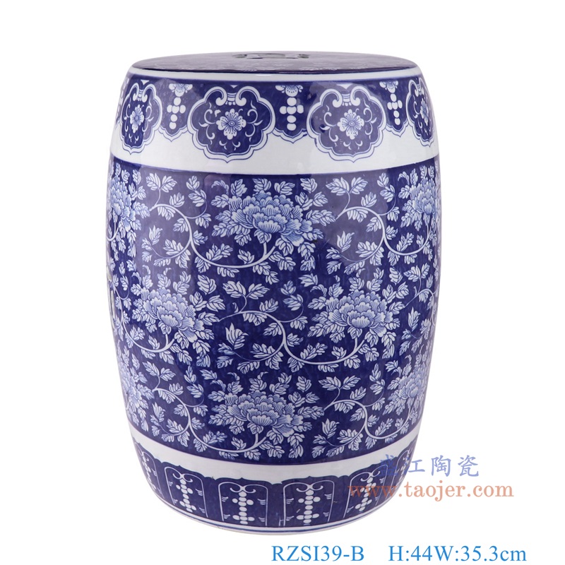 青花蓝底冰梅铜钱孔鼓凳圆凳子,产品编号:RZSI39-B 产品尺寸(单位cm): 高44直径35.3口径底径28重量12KG