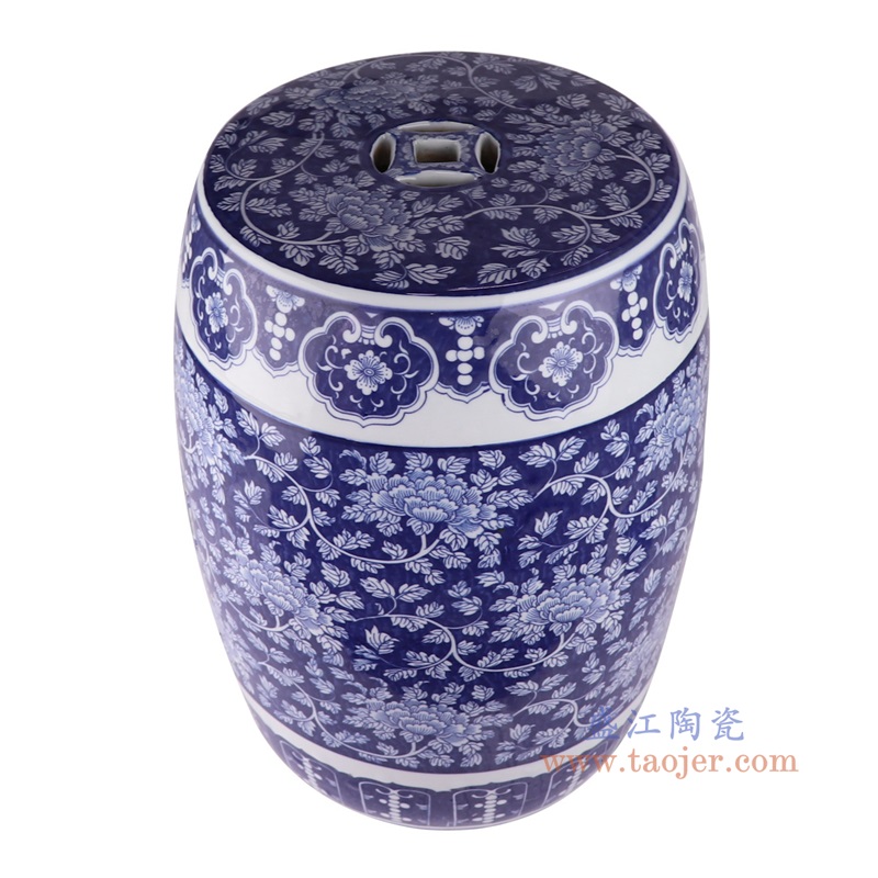青花蓝底冰梅铜钱孔鼓凳圆凳子,产品编号:RZSI39-B 产品尺寸(单位cm): 高44直径35.3口径底径28重量12KG