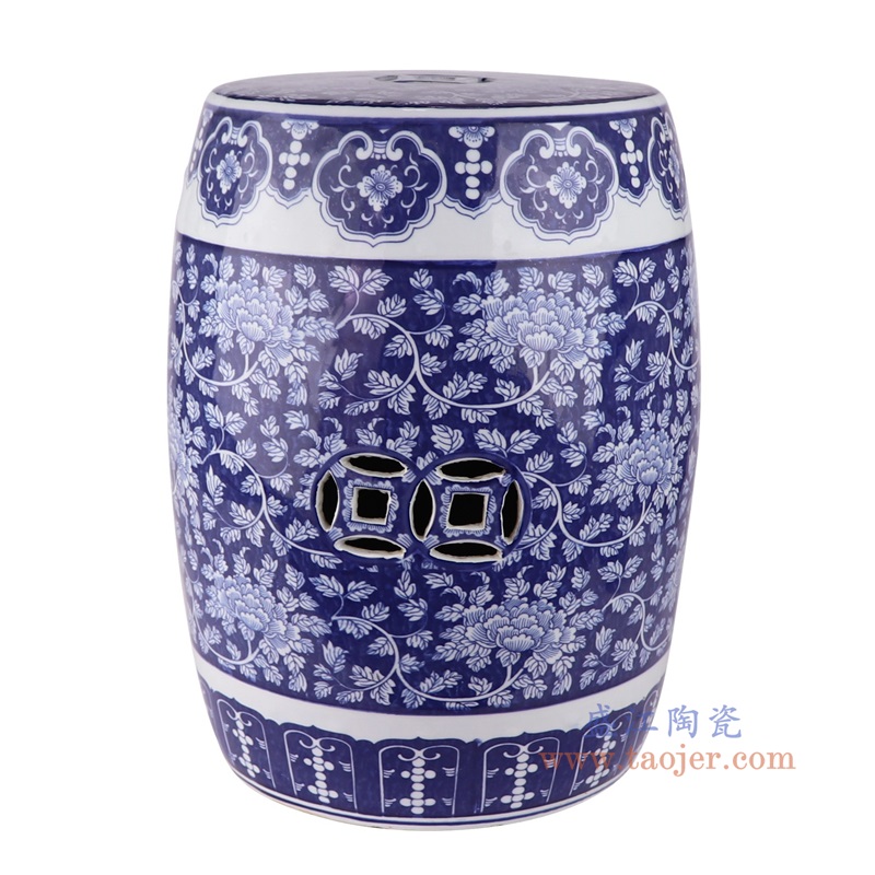 青花蓝底冰梅铜钱孔鼓凳圆凳子,产品编号:RZSI39-B 产品尺寸(单位cm): 高44直径35.3口径底径28重量12KG