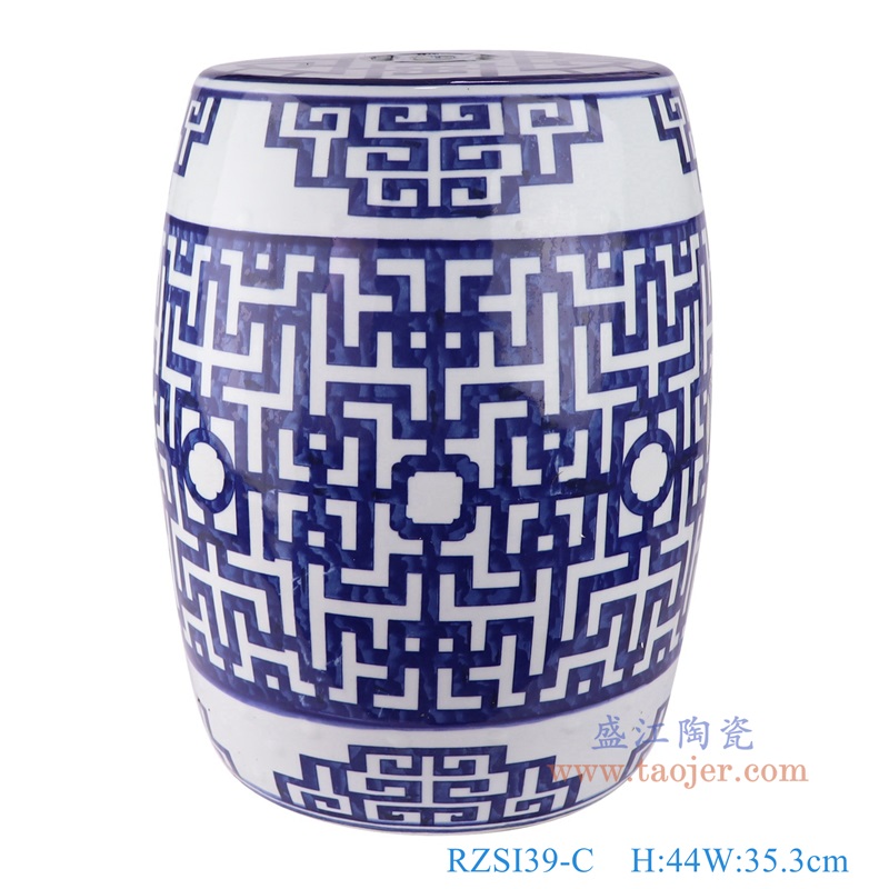 青花窗花纹铜钱孔鼓凳圆凳子,产品编号:RZSI39-C 产品尺寸(单位cm): 高44直径35.3口径底径28重量12KG