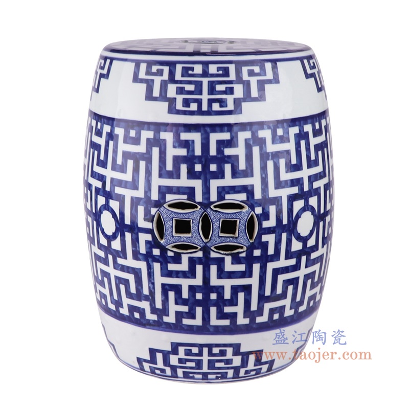 青花窗花纹铜钱孔鼓凳圆凳子,产品编号:RZSI39-C 产品尺寸(单位cm): 高44直径35.3口径底径28重量12KG