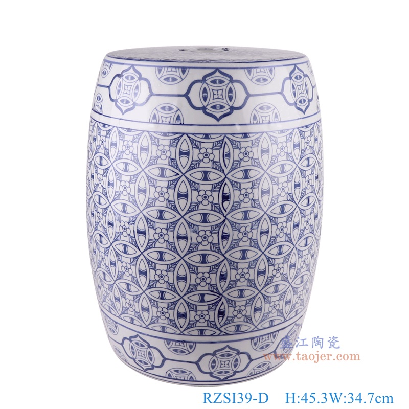 青花铜钱纹鼓凳子凉墩,产品编号:RZSI39-D 产品尺寸(单位cm): 高45.3直径34.7口径底径28重量11.7KG