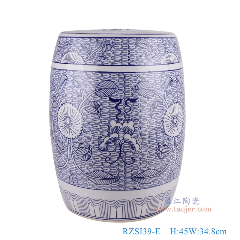 青花太阳花蝴蝶纹鼓凳子凉墩,产品编号:RZSI39-E 产品尺寸(单位cm): 高45直径34.8口径底径27.7重量13KG