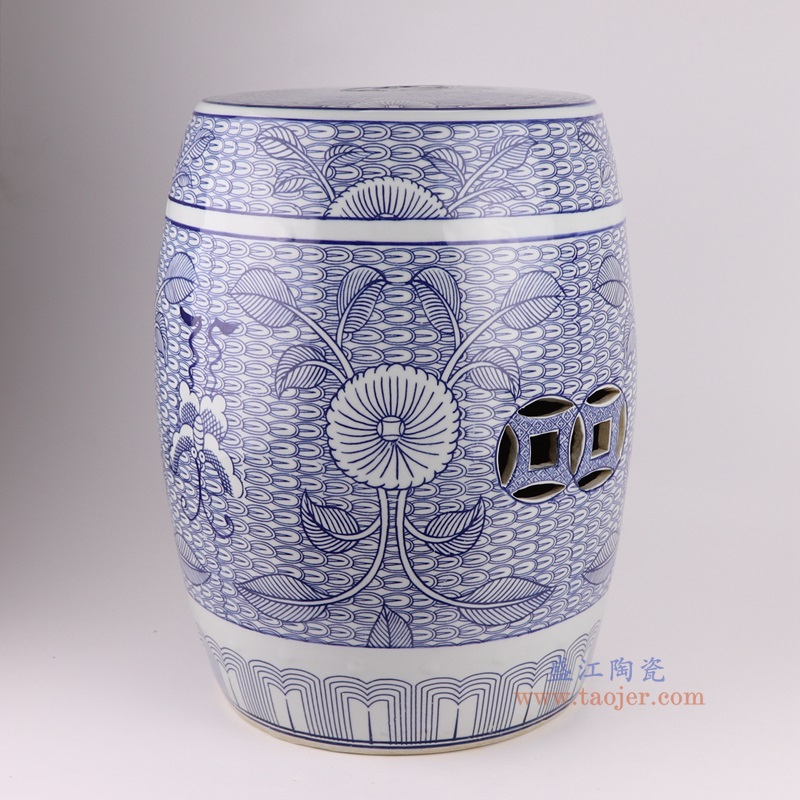 青花太阳花蝴蝶纹鼓凳子凉墩,产品编号:RZSI39-E 产品尺寸(单位cm): 高45直径34.8口径底径27.7重量13KG