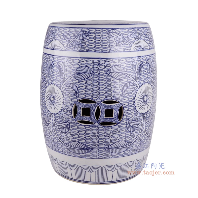 青花太阳花蝴蝶纹鼓凳子凉墩,产品编号:RZSI39-E 产品尺寸(单位cm): 高45直径34.8口径底径27.7重量13KG