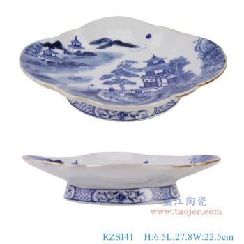 RZSI41    青花山水高脚盘，    高6.5直径27.8口径底径16.5/13.5重量1KG