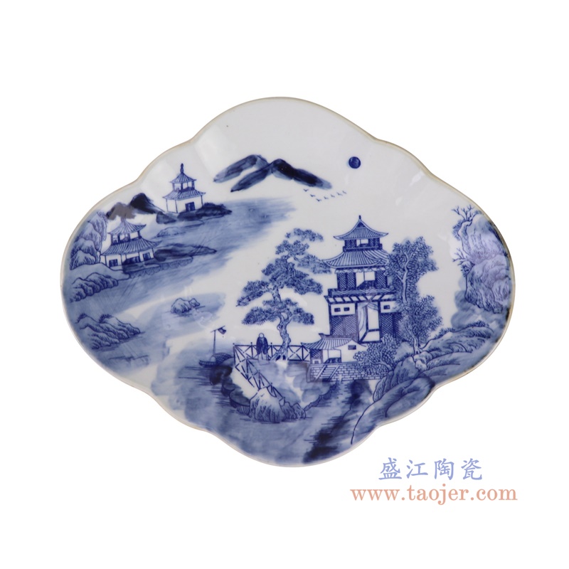 青花山水高脚盘,产品编号:RZSI41 产品尺寸(单位cm): 高6.5直径27.8口径底径16.5/13.5重量1KG