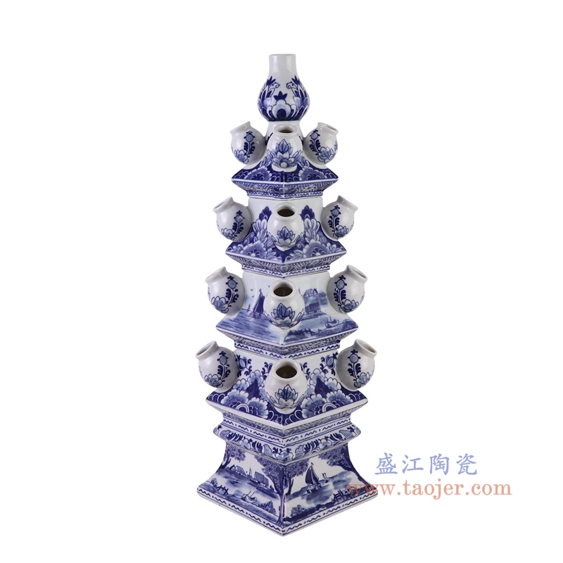 青花山水花卉多口插花宝塔,产品编号:RZSI44 产品尺寸(单位cm): 高58直径18口径底径17重量5.55KG