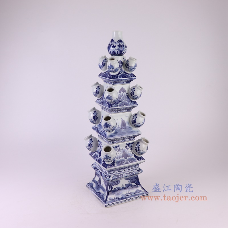 青花山水花卉多口插花宝塔,产品编号:RZSI44 产品尺寸(单位cm): 高58直径18口径底径17重量5.55KG