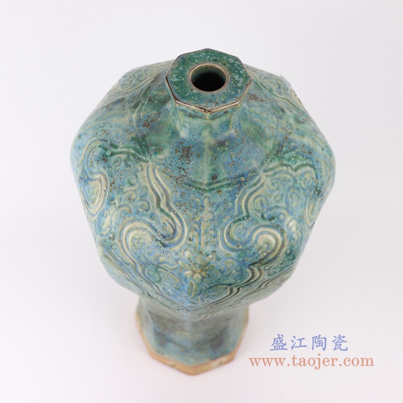 仿古窑变绿釉窑变八方八面如意纹梅瓶;产品编号:RZSP01 产品尺寸(单位cm): 高:44直径:22.5口径:5.5底径:15重量:4.9KG