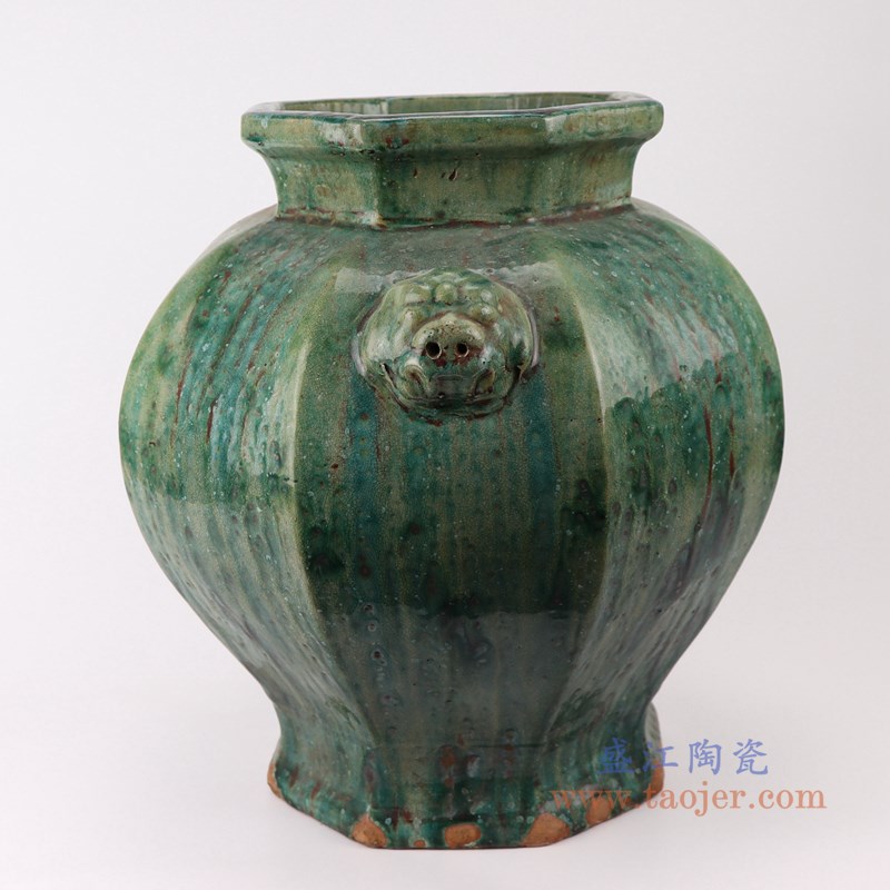 仿古窑变绿釉双耳狮子头八面八方缸;产品编号:RZSP04 产品尺寸(单位cm): 高:37.4直径:36.5口径:23底径:23重量:8.2KG