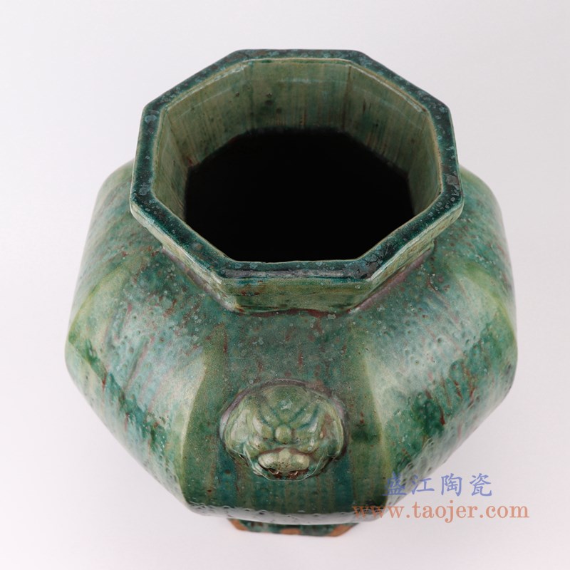 仿古窑变绿釉双耳狮子头八面八方缸;产品编号:RZSP04 产品尺寸(单位cm): 高:37.4直径:36.5口径:23底径:23重量:8.2KG