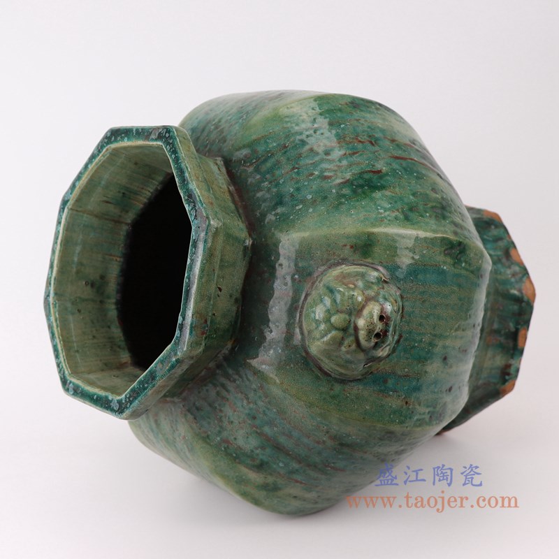 仿古窑变绿釉双耳狮子头八面八方缸;产品编号:RZSP04 产品尺寸(单位cm): 高:37.4直径:36.5口径:23底径:23重量:8.2KG
