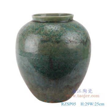 RZSP05   仿古窑变绿釉网格纹罐子；    高：29直径：25口径：13.7底径：13重量：3.7KG