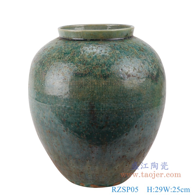 仿古窑变绿釉网格纹罐子;产品编号:RZSP05 产品尺寸(单位cm): 高:29直径:25口径:13.7底径:13重量:3.7KG