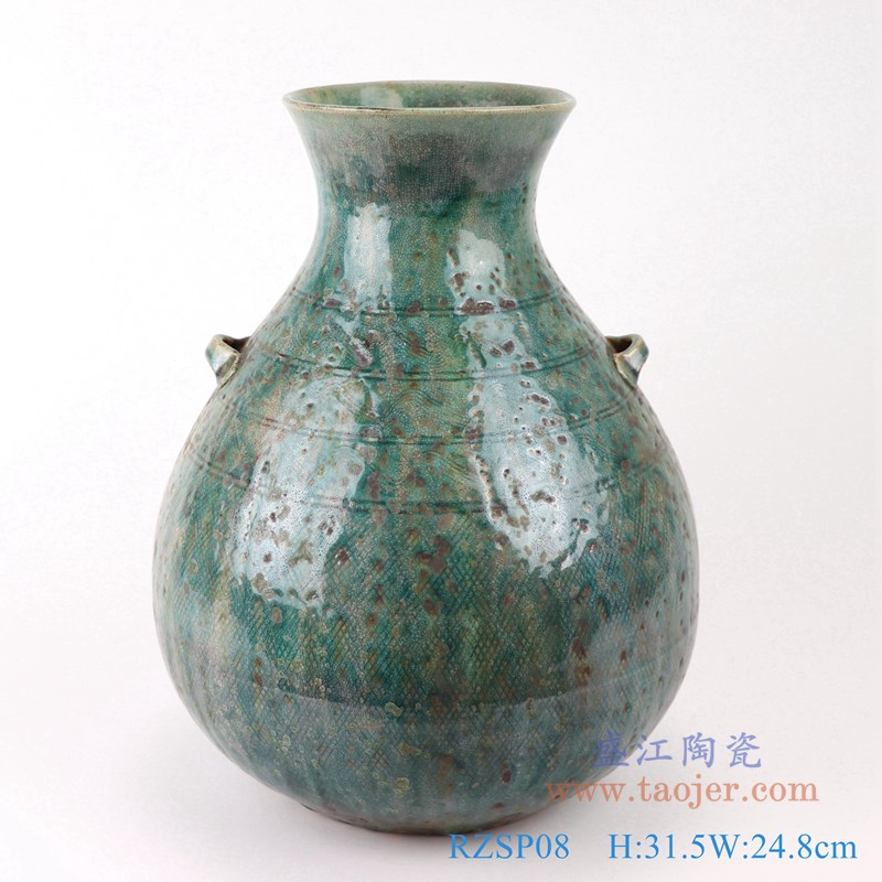 仿古窑变绿釉双耳横线条纹罐子;产品编号:RZSP08 产品尺寸(单位cm): 高:31.5直径:24.8口径:12.2底径:13重量:3.6KG