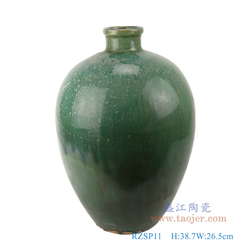 仿古窑变绿釉冬瓜瓶罐子;产品编号:RZSP11 产品尺寸(单位cm): 高:38.7直径:26.5口径:7.2底径:13重量:4.1KG