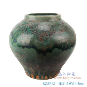 RZSP12   仿古窑变绿釉大肚瓶大肚罐子；    高：31.5直径：34.5口径：17.8底径：18.3重量：6.9KG