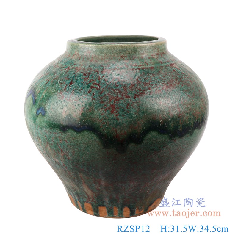 仿古窑变绿釉大肚瓶大肚罐子;产品编号:RZSP12 产品尺寸(单位cm): 高:31.5直径:34.5口径:17.8底径:18.3重量:6.9KG