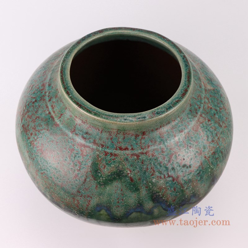 仿古窑变绿釉大肚瓶大肚罐子;产品编号:RZSP12 产品尺寸(单位cm): 高:31.5直径:34.5口径:17.8底径:18.3重量:6.9KG
