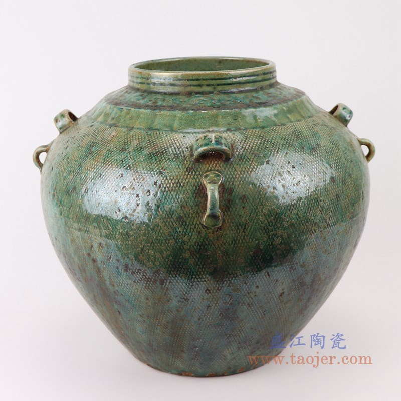 仿古窑变绿釉四耳大肚瓶大肚罐子;产品编号:RZSP14 产品尺寸(单位cm): 高:28.8直径:33.2口径:13.5底径:16.5重量:4.85KG