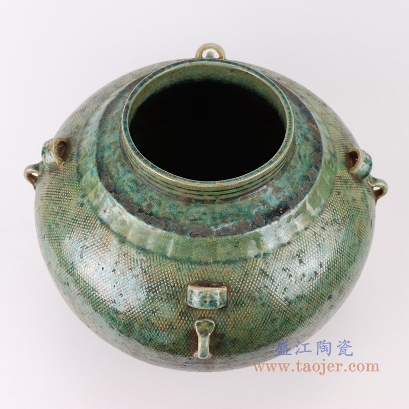 仿古窑变绿釉四耳大肚瓶大肚罐子;产品编号:RZSP14 产品尺寸(单位cm): 高:28.8直径:33.2口径:13.5底径:16.5重量:4.85KG