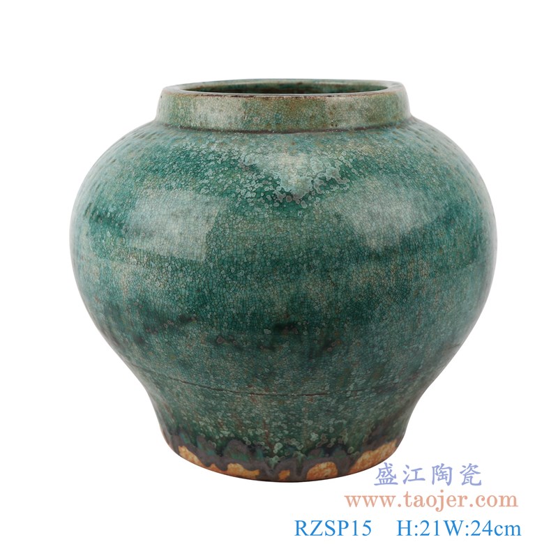仿古窑变绿釉小号大肚瓶罐子;产品编号:RZSP15 产品尺寸(单位cm): 高:21直径:24口径:14底径:14.5重量:3KG