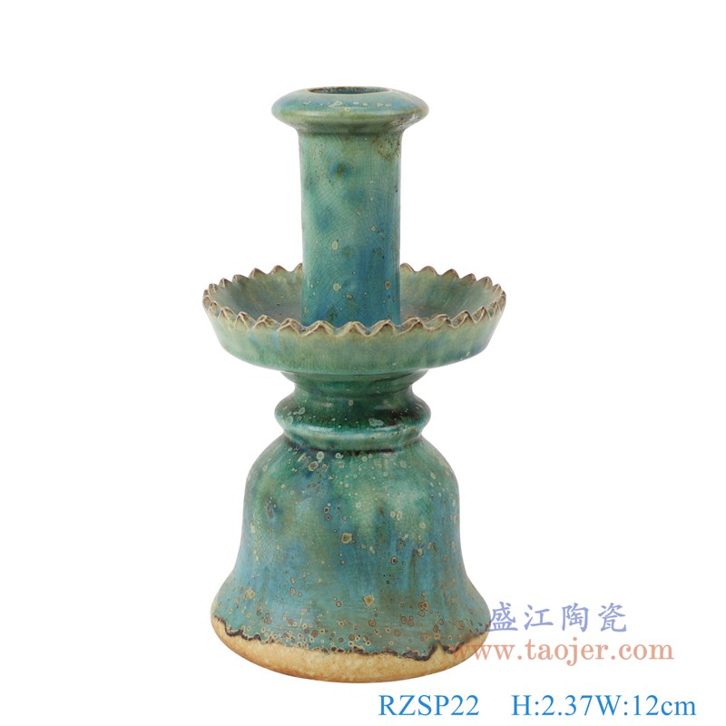 仿古窑变绿釉烛台；产品编号：RZSP22       产品尺寸(单位cm):  高：23.7直径：12口径：6底径：11.6重量：1.1KG