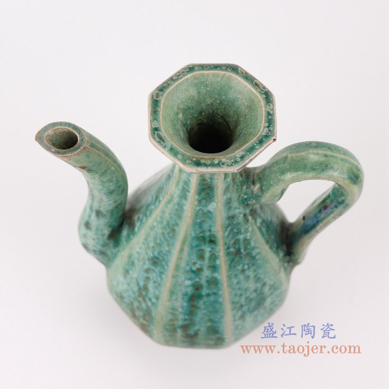仿古窑变绿釉八方八面水壶酒壶;产品编号:RZSP23 产品尺寸(单位cm): 高:24直径:17.5口径:6.5底径:7重量:1.1KG