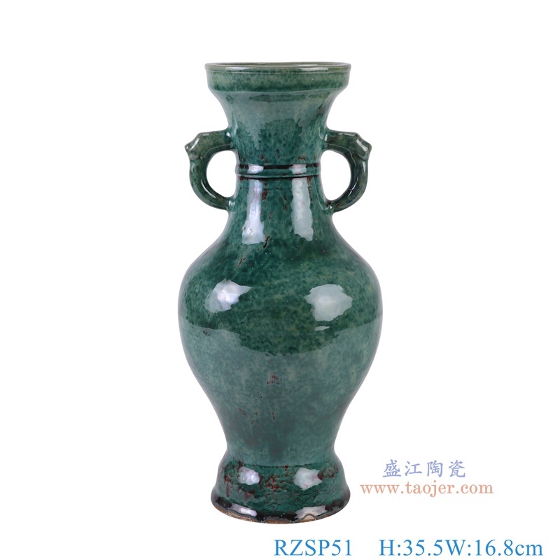 窑变绿色象耳瓶,产品编号:RZSP51 产品尺寸(单位cm): 高35.5直径16.8口径底径11.4重量2.2KG