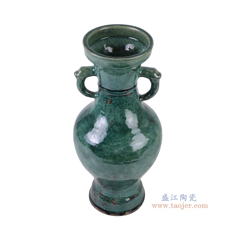 窑变绿色象耳瓶,产品编号:RZSP51 产品尺寸(单位cm): 高35.5直径16.8口径底径11.4重量2.2KG