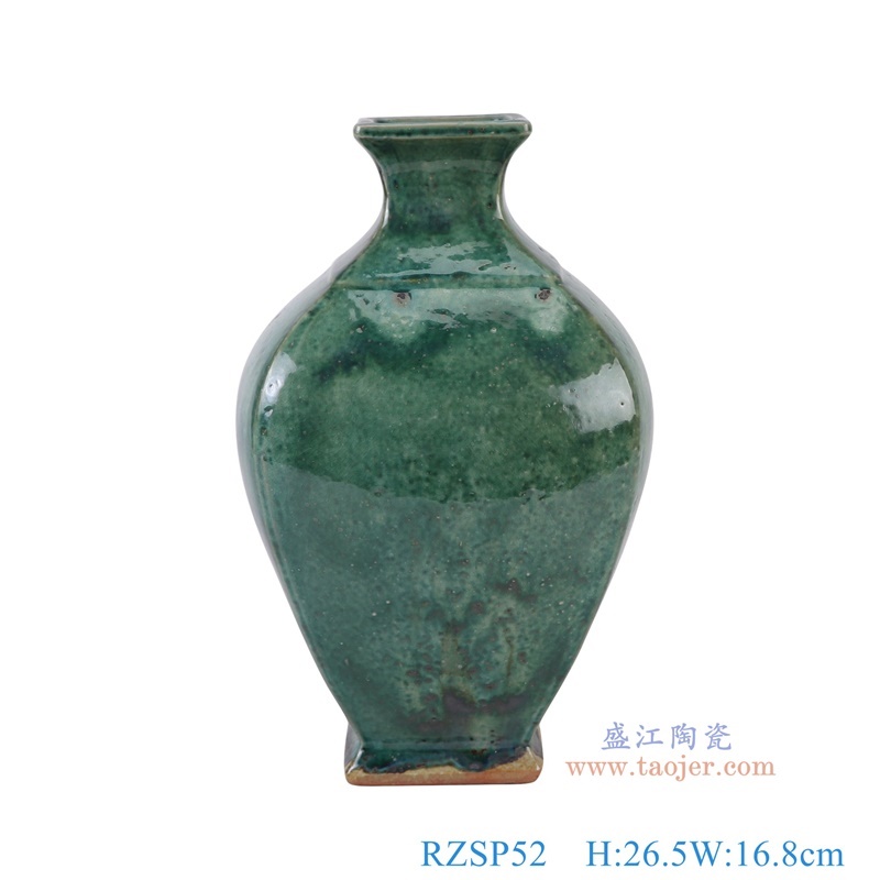 窑变绿色四方梅瓶，产品编号：RZSP52       产品尺寸(单位cm):  高26.5直径16.8口径底径8.2重量1.7KG
