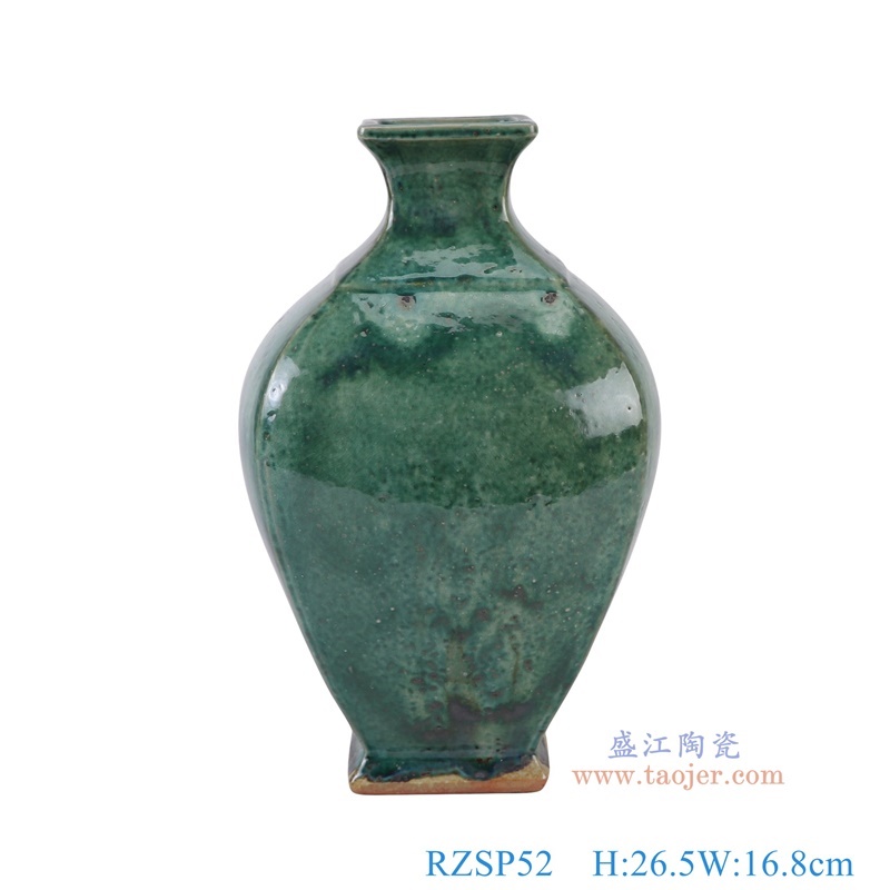 窑变绿色四方梅瓶,产品编号:RZSP52 产品尺寸(单位cm): 高26.5直径16.8口径底径8.2重量1.7KG