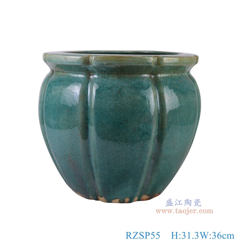 窑变绿色瓜楞缸,产品编号:RZSP55 产品尺寸(单位cm): 高31.3直径36口径底径20.4重量7.6KG