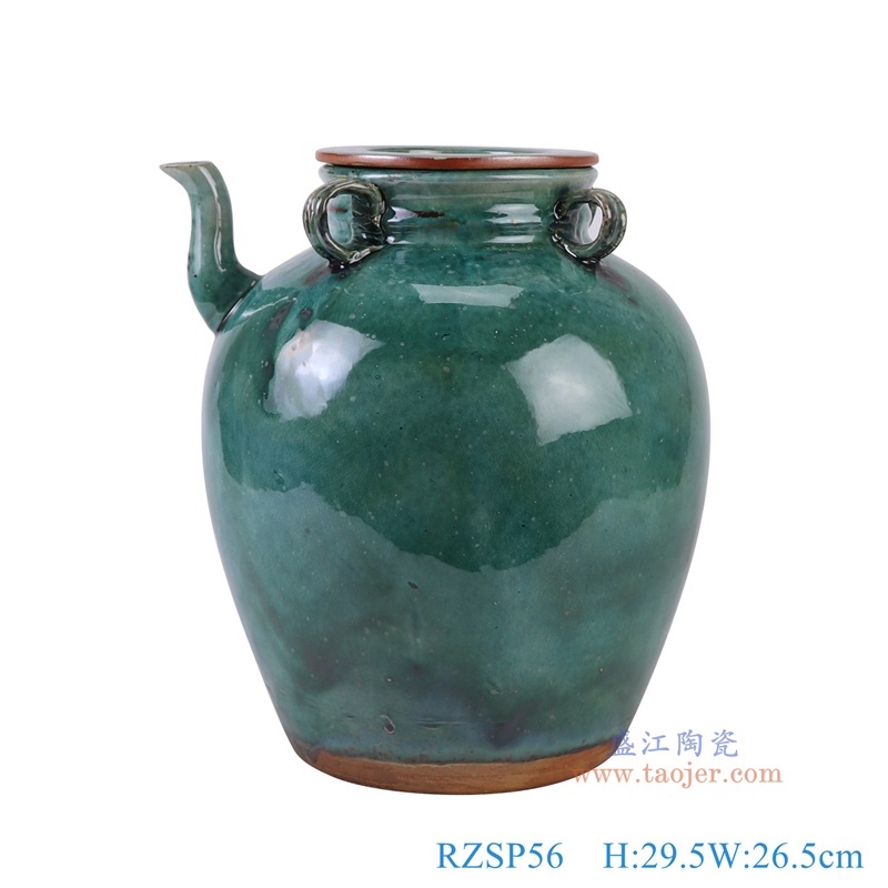 窑变绿色油壶，产品编号：RZSP56       产品尺寸(单位cm):  高29.5直径26.5口径底径16重量4.55KG