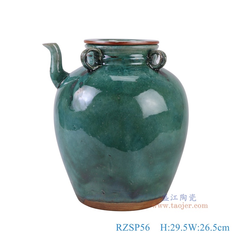 窑变绿色油壶,产品编号:RZSP56 产品尺寸(单位cm): 高29.5直径26.5口径底径16重量4.55KG
