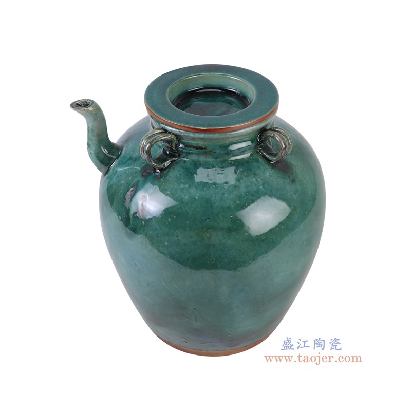 窑变绿色油壶,产品编号:RZSP56 产品尺寸(单位cm): 高29.5直径26.5口径底径16重量4.55KG