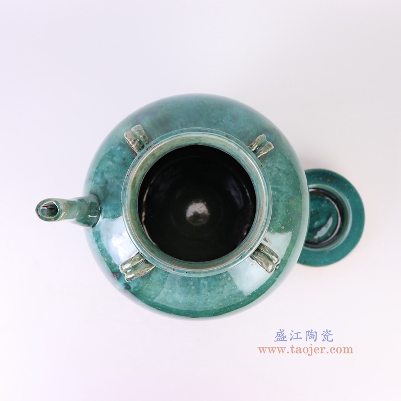 窑变绿色油壶,产品编号:RZSP56 产品尺寸(单位cm): 高29.5直径26.5口径底径16重量4.55KG